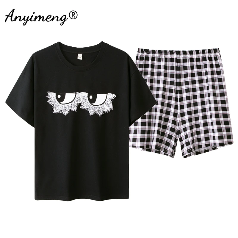 

New Summer Plus Size 4XL Pajamas Set Cotton Eye Printed Plaid Shorts Women Loungewear Round Collar Fashion Sleepwear for Girls