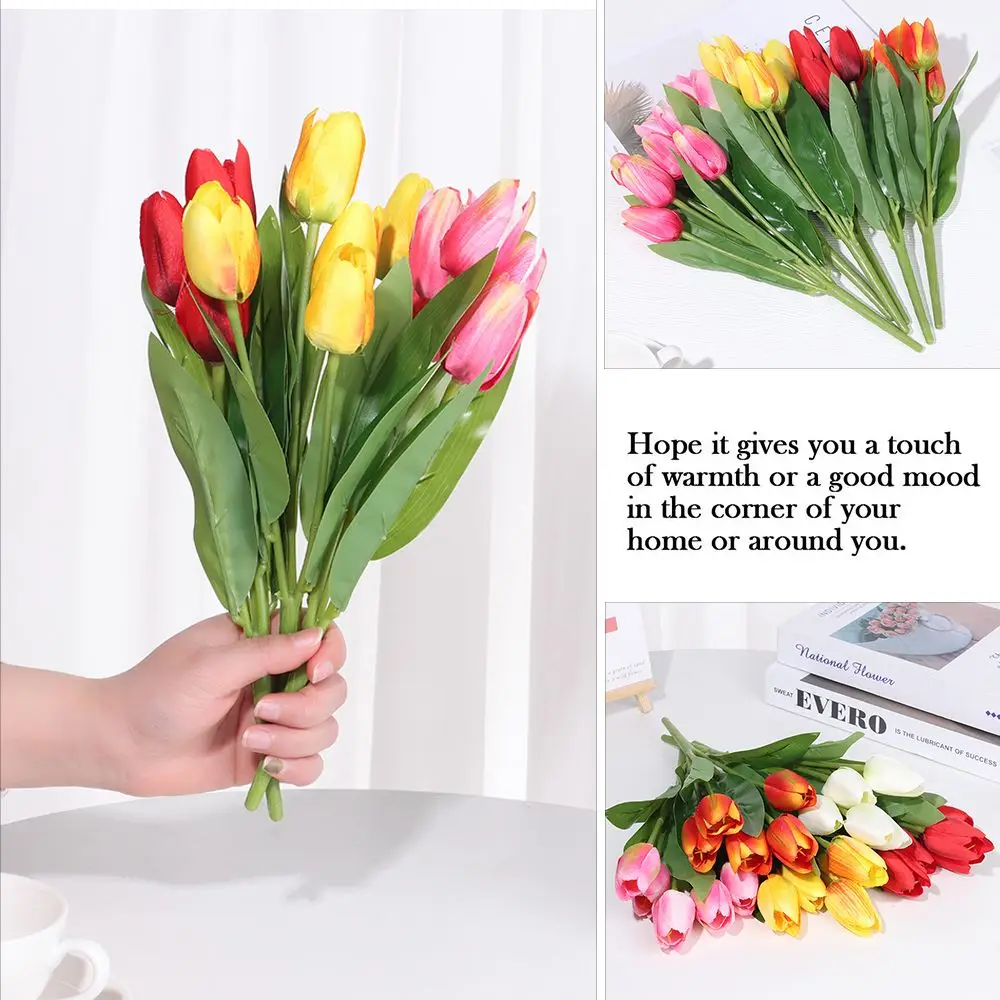 

Gift Floral Arrangement Flower Bouquet Home Decoration Real Touh Leaf Simulation Plant 5 Heads Buds Artificial Tulip