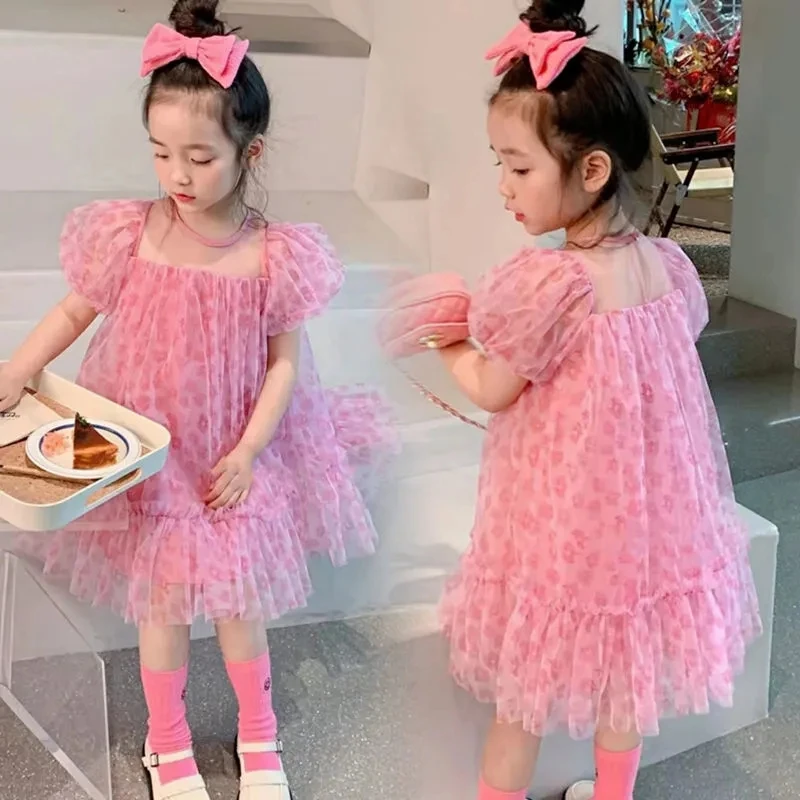 

Pink Baby Girls princess dress 2022 Korean style Summer little girl Clothes Fashion flower fluffy Mesh dress from 2 to 6 7 years