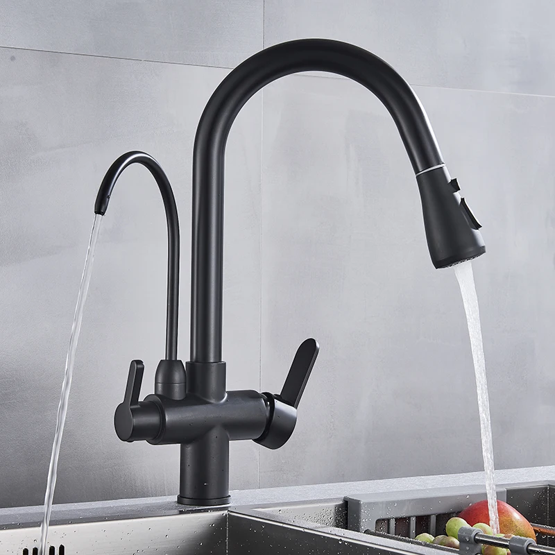 

Gun Gray All-copper three-in-one Faucet Hot and Cold Kitchen Wash Basin Pull Water Purifier Machine Sink Household Telescopic