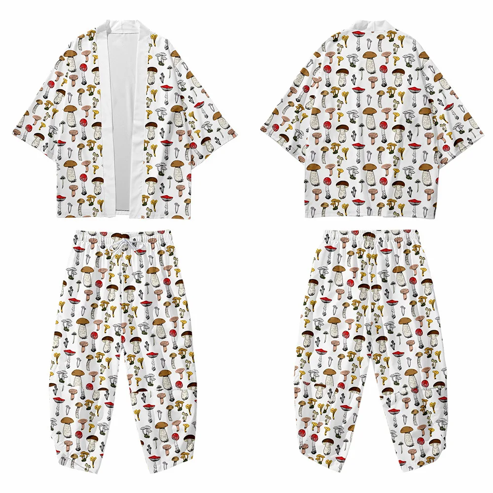 2PCS Men Print Mushroom Robe Sets Summer Rayon Pajamas Suit Cardigan Kimono Lagre Size Sleepwear Pant Casual Home Clothes