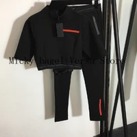 fashion womens sports suit logo red letter rubber stand collar short sleeve short womens top t shirt temperament slim bottoms