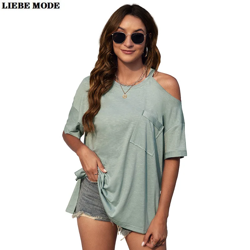 

Summer White Grey Green T-shirts Women Pocket O-Neck Short Sleeve Tees Female Basicoff Shoulder Loose Soft Tops Harajuku 2022