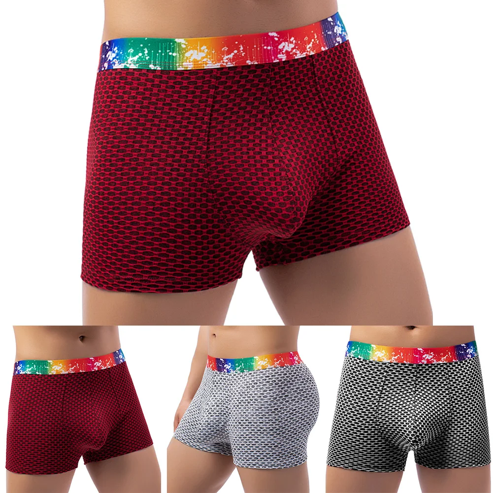 

Mens Trunks Breathable U-shaped Comfy Shorts Honeycomb Mesh Underwear Bulge Pouch Underpants Rainbow Printed Boxershorts