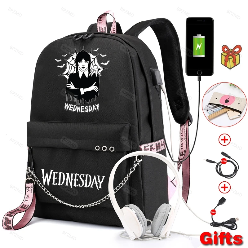 Wednesday Addams Backpack Girls School Bag Anti Theft USB Charge Women Backpack School Bags Teenage Travel Bag