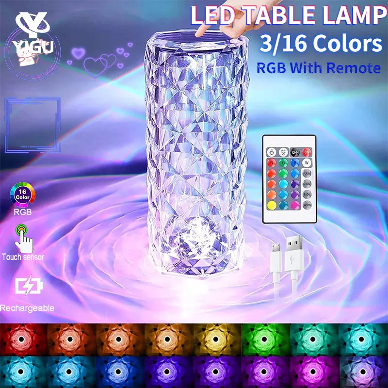 

LED Crystal Table Lamp Rose Light Projector 3/16 Colors Touch Adjustable Romantic Diamond Atmosphere Light USB Touch Night Light
