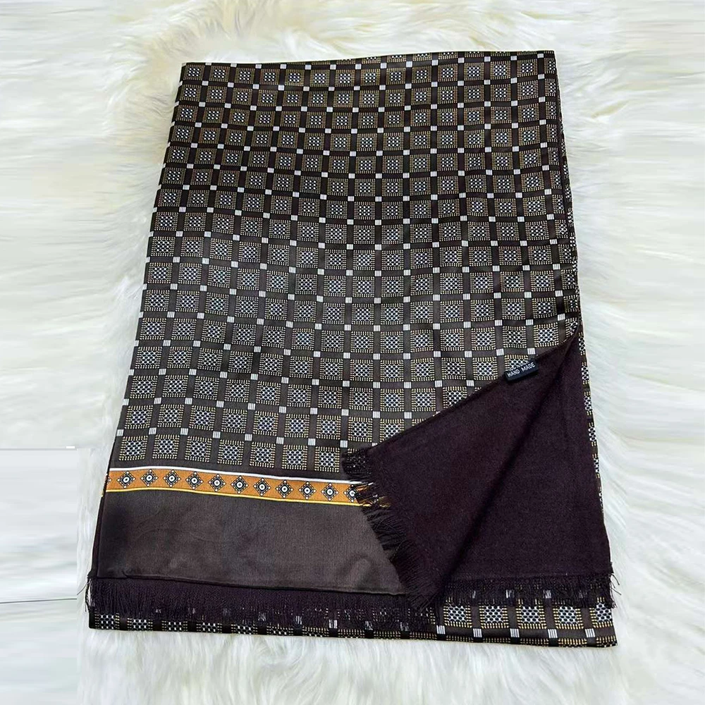 Мужской длинный шелковый шарф в клетку BYSIFA кофейный утепленный деловой из шелка