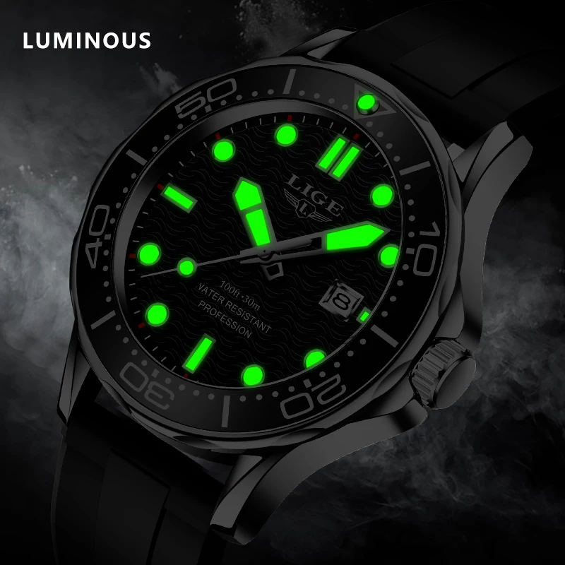 Lige Мужские модные повседневные кварцевые наручные часы водостойкий силиконовый