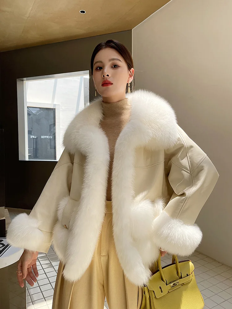 Women Real Fur Coat Autumn Winter Fashion Thick Warm Fox Fur Collar Patchwork Sheepskin Double-faced Fur Jacket Loose Outerwear