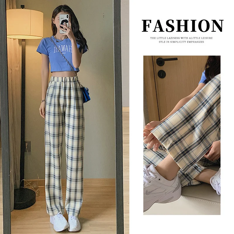 

Plaid pants women's loose straight tube summer 2022 new slim and falling feeling leisure Plaid floor dragging wide leg pants