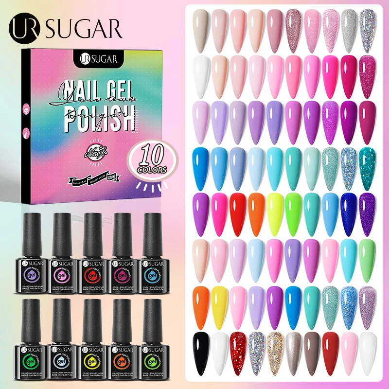 

UR SUGAR 10pcs Color Nail Gel Whole Set Glitter Sequin Gel Polish Kit Semi Permanent Soak Off UV LED Gel Varnish Manicure