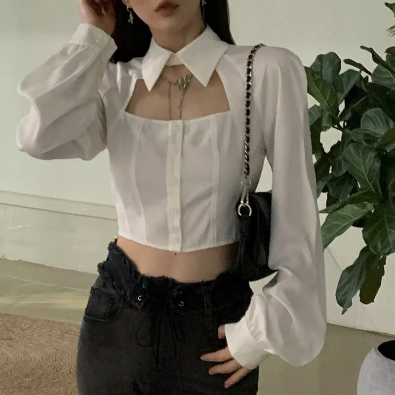 Deeptown White Cropped Women Blouses Sexy Y2k Corset Top Streetwear Elegant Female Puff Sleeve Shirts Korean Fashion Chic Kpop