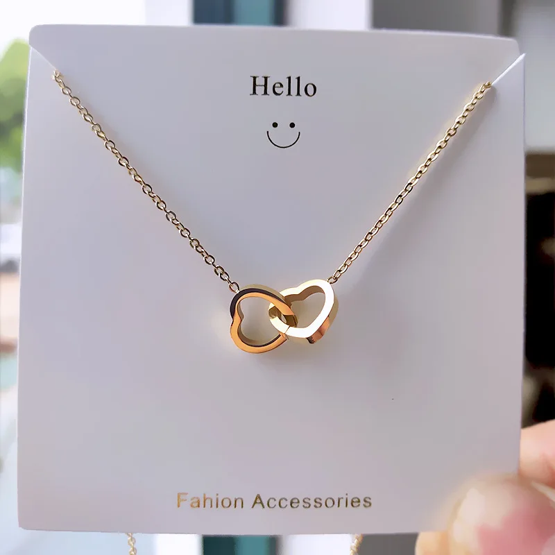 Korean Version 18k Rose Gold Collarbone Chain Necklace For Women Double Ring Heart Titanium Steel Color-proof Necklace Jewelry