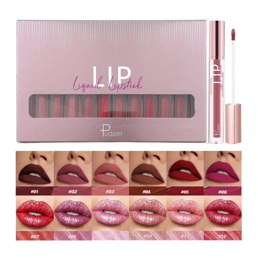 

12 Pcs/Box Matte Liquid Lipstick Set Waterproof Long Lasting Velvet Mate Nude Red Lip Gloss Lint Tube Makeup Cosmetic Lipgloss