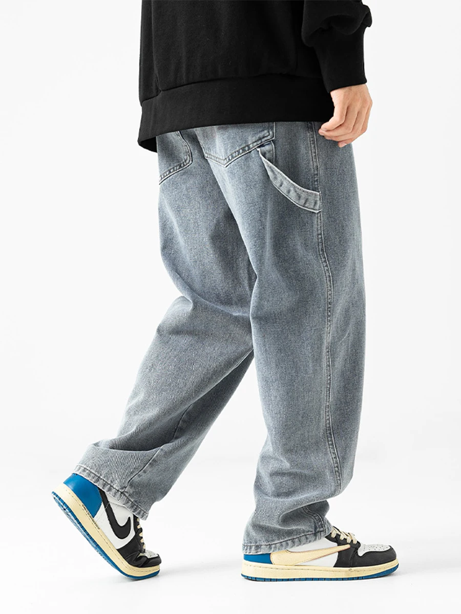 European and American High Street Men's Straight Loose Jeans Streamer Design New All-match Straight Washed Trousers Denim Jeans