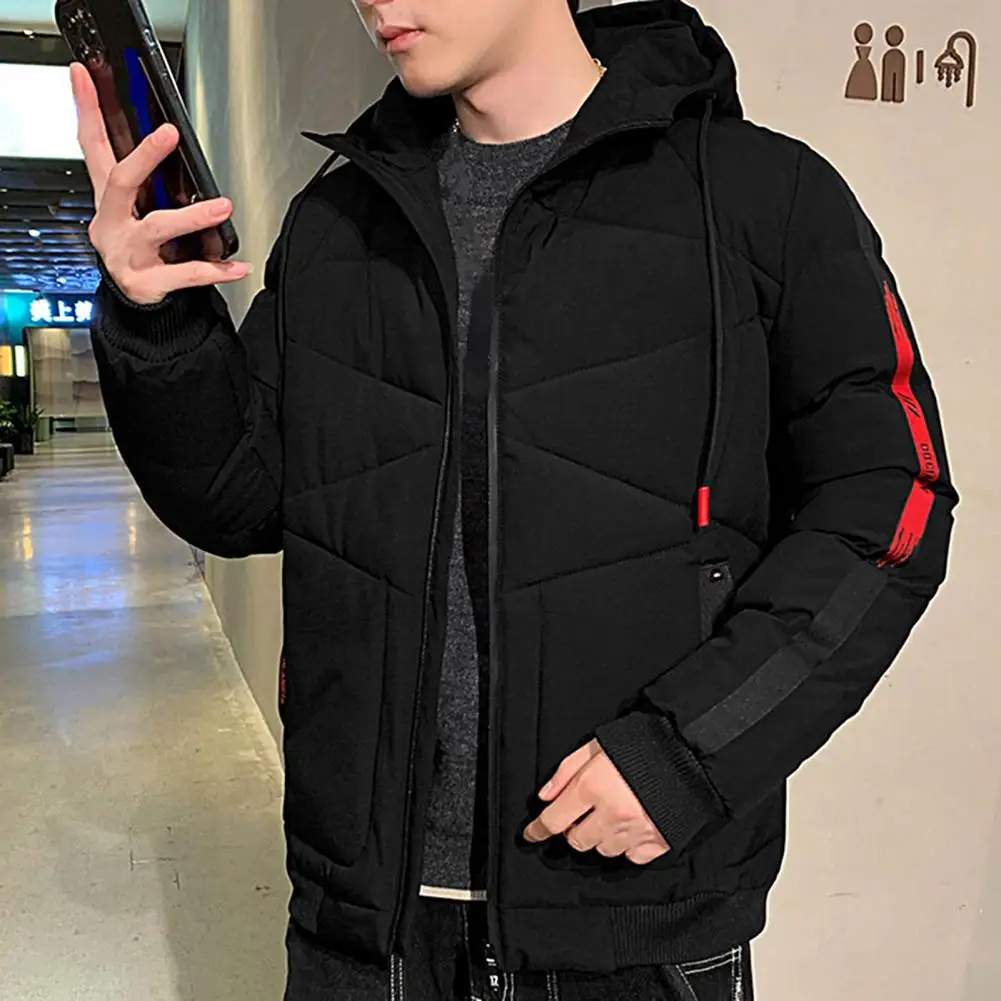 Stylish Men Hooded Jacket Slim Fit Temperament Ribbed Cuff Fluffy Filling Jacket  Thicken Men Hooded Coat for Office