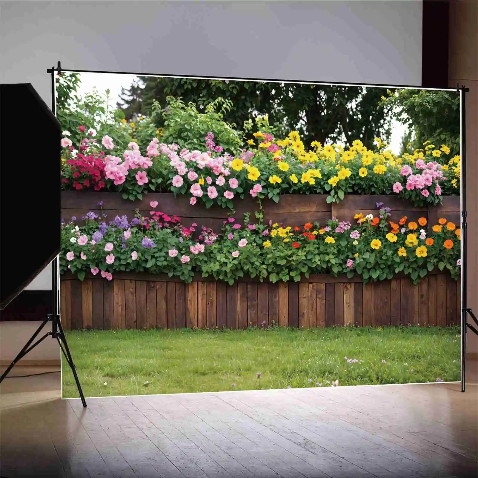 

Flowers Garden Wooden Fence Photography Backdrops Spring Party Blossom Floral Wall Grassland Personalized Baby Photo Background