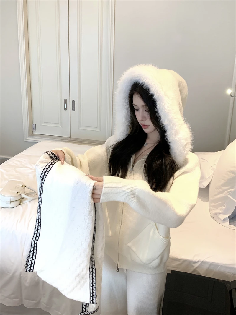KUSAHIKI меховой свитер с капюшоном для женщин осень-зима вязаный кардиган двойной