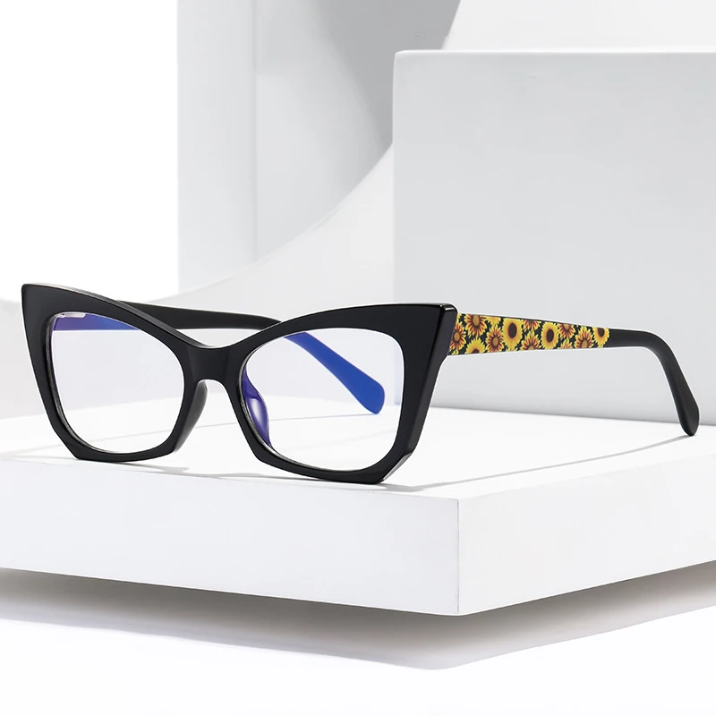 

Fashion Lady's Cateye Anti-blue Eyeglasses Frame Flexible Hinge Floral Temple Women Spectacles