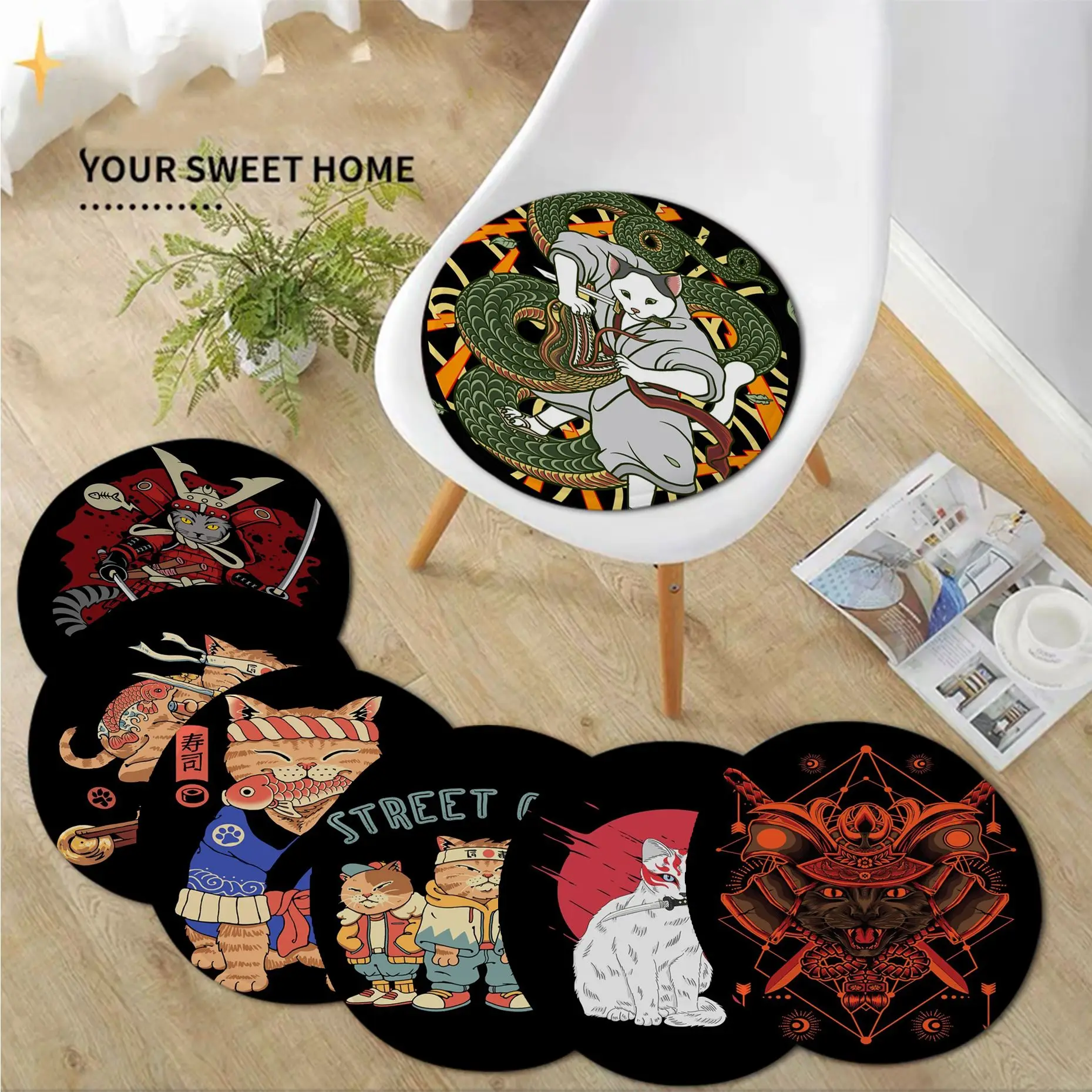 

Japanese Samurai Cat Round Dining Chair Cushion Circular Decoration Seat For Office Desk Stool Seat Mat