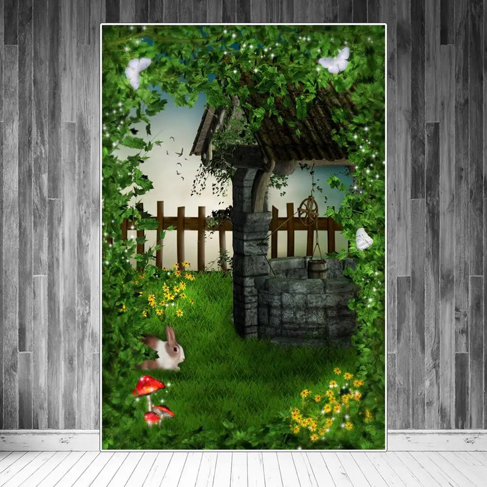 

Фон для студийной фотосъемки с изображением весеннего двора и кроликов