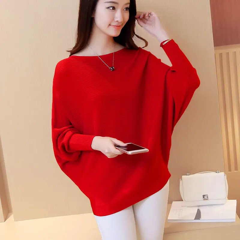 

Pullovers Elegant Fashion Casual Long Batwing Sleeve Slash Neck Loose Knitted Solid Tops Spring Autumn 2022 New Women's Sweater