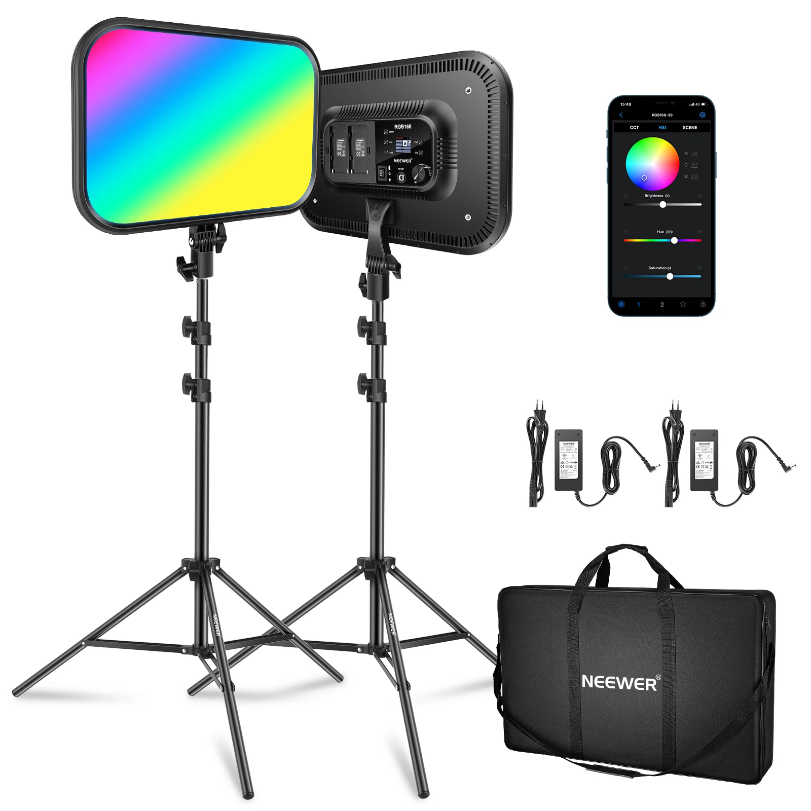 

Neewer 2 упаковки 18,3 "RGB светодиодный светильник-панель с приложением, пульт управления, 60 Вт, с регулируемой яркостью 2500K ~ 8500K RGB168 светодиодный ...