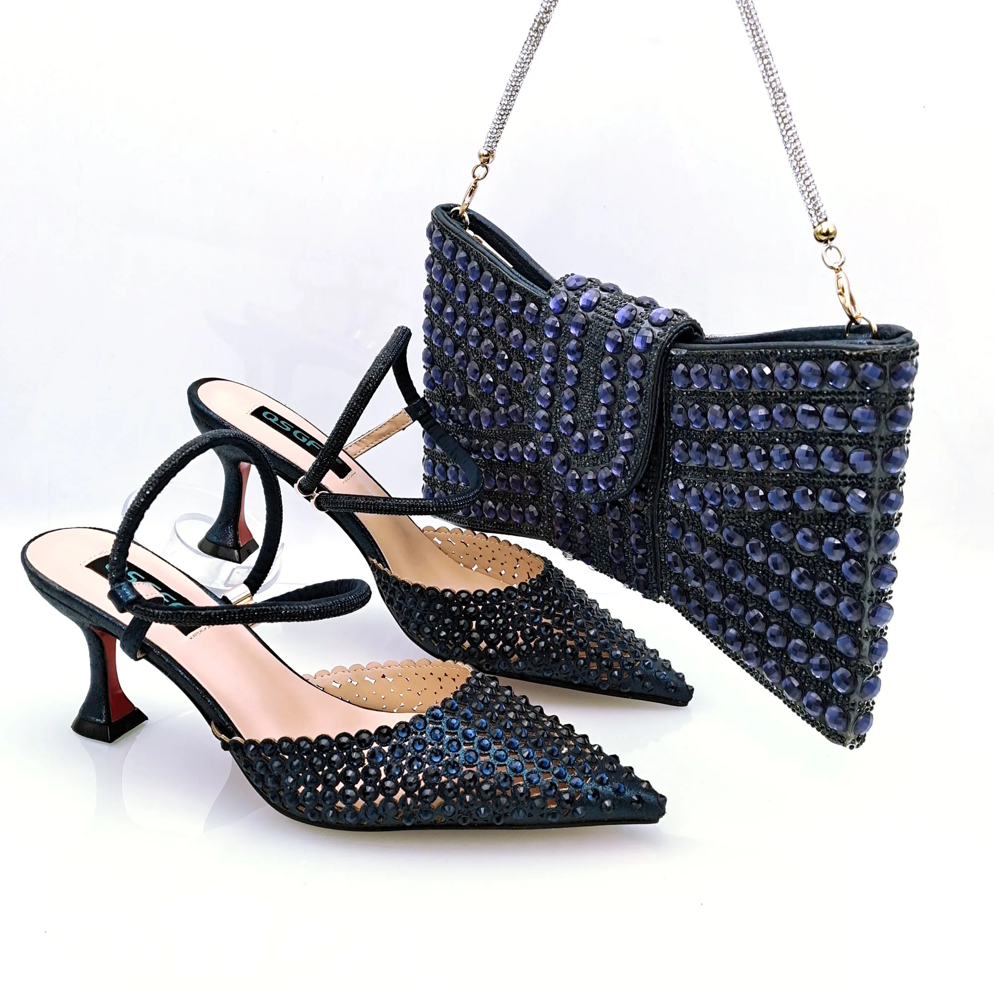 

Cinessd Newest Ladies Shoes and Bag Full Diamond Handmade Flower Decoration Party Shoes Navy Blue Color
