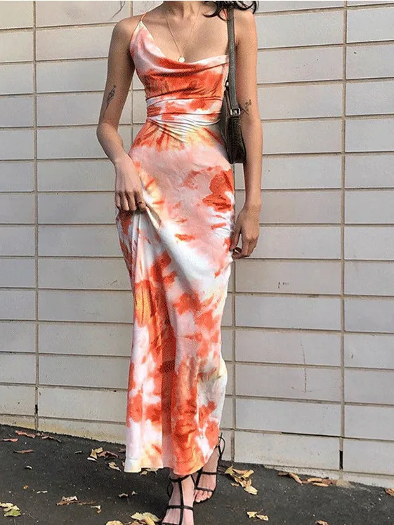 

Women V-Neck Printing Tie Dye Sleeveless Long Dress Vestido Feminino Vestido De Mujer Bodycon Dresses Women Clothing