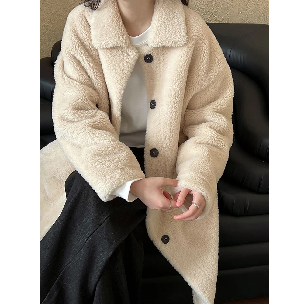 Новинка 2024 женское теплое меховое пальто плотное длинное из овечьей шерсти с