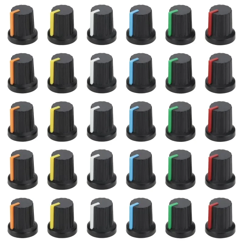 30 шт./лот WH148 ручки потенциометра 15X17 мм 6 мм пластиковые колпачки 6 цветов для колпачков переключателей желтый оранжевый синий белый красный