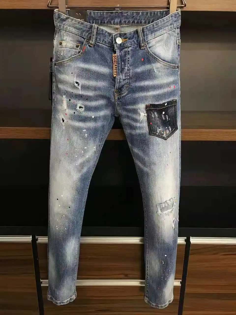

Мужские узкие эластичные джинсы DSQUARED2, модные брюки с маленькими ногами, мужские облегающие брюки с дырками в стиле панк, 9508