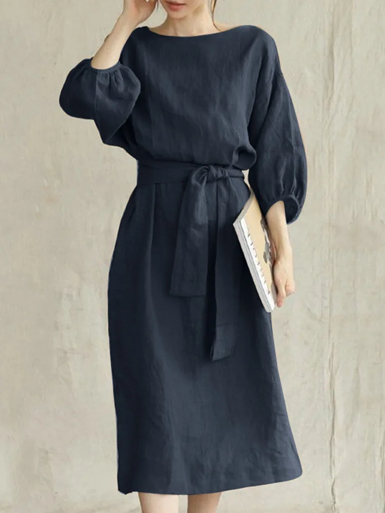 

Dresses for Women 2023 Women's Solid Color Cotton Linen Retro Large Loose Casual Lantern Sleeve Long Dress Elegant Dresses Robe