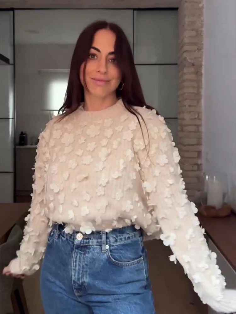 Вязаный женский свитер с цветочной сеткой повседневный свободный пуловер