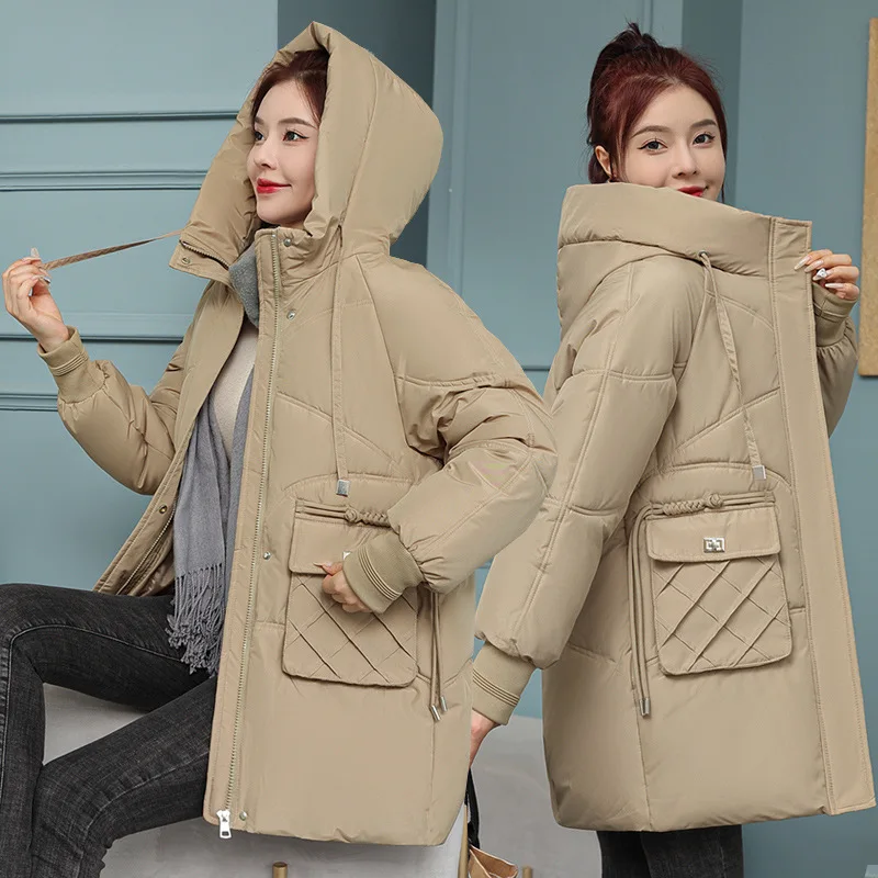 

2023 Women Winter Hooded Down Cotton Coats Long Thick Fashion Student Bread Warm Jackets Clothing Zipper Solid Outerwear Female
