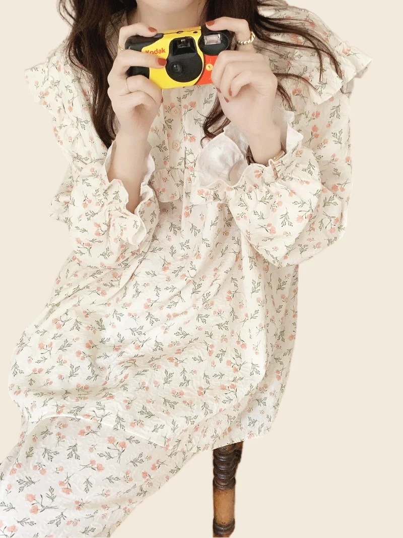 Cotton Pajamas Set Full Sleeve T-shirt Long Pants 2Piece/Set Sexy Print Flower Pyjama Big Size Mom Homewear Cozy Plus Sleepwear
