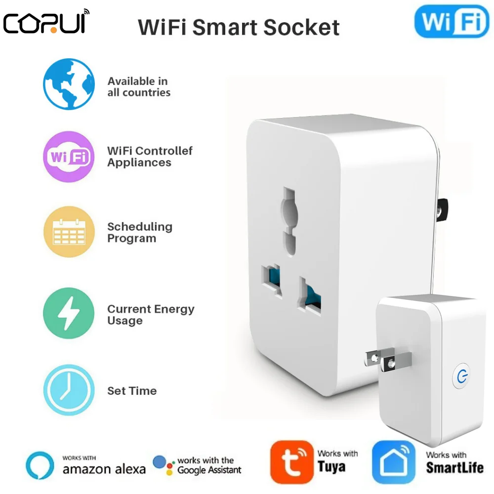 

CORUI Tuya WiFi Universal Socket Multi-function Conversion Socket Switch Socket Smart Life APP Alexa Google Home US UK EU AU