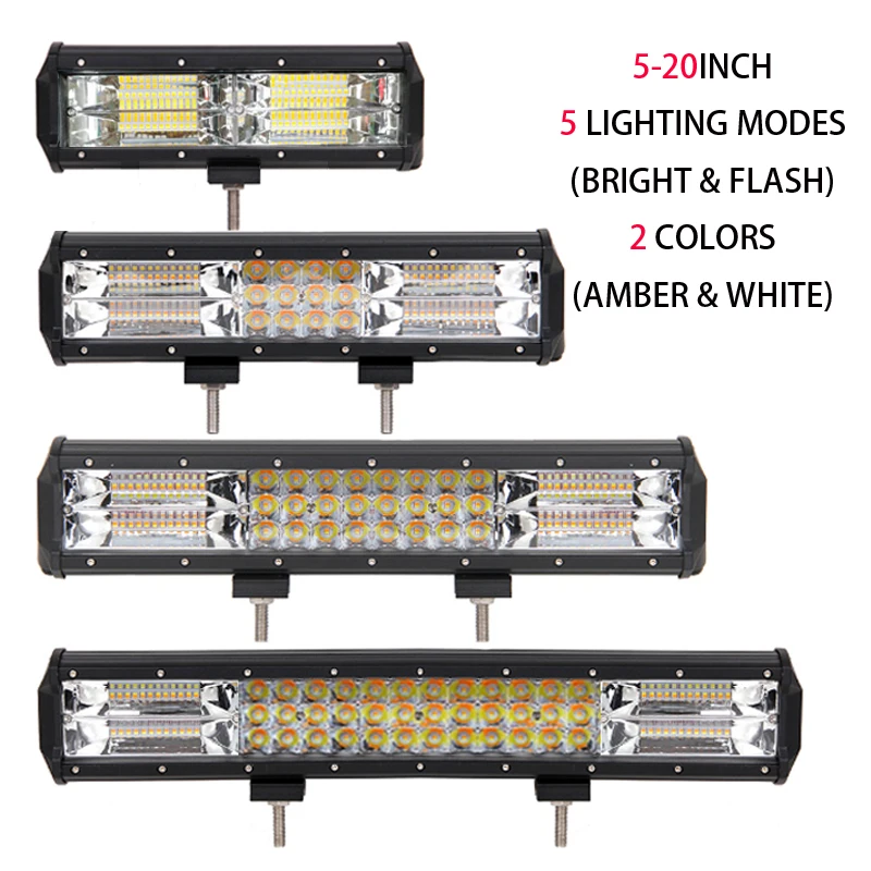 5-17 Inch Car LED Work Light Bar Combo Beam Strobe 5 Modes Amber/White for Tractor Boat Offroad 4x4 Truck SUV ATV Trailer