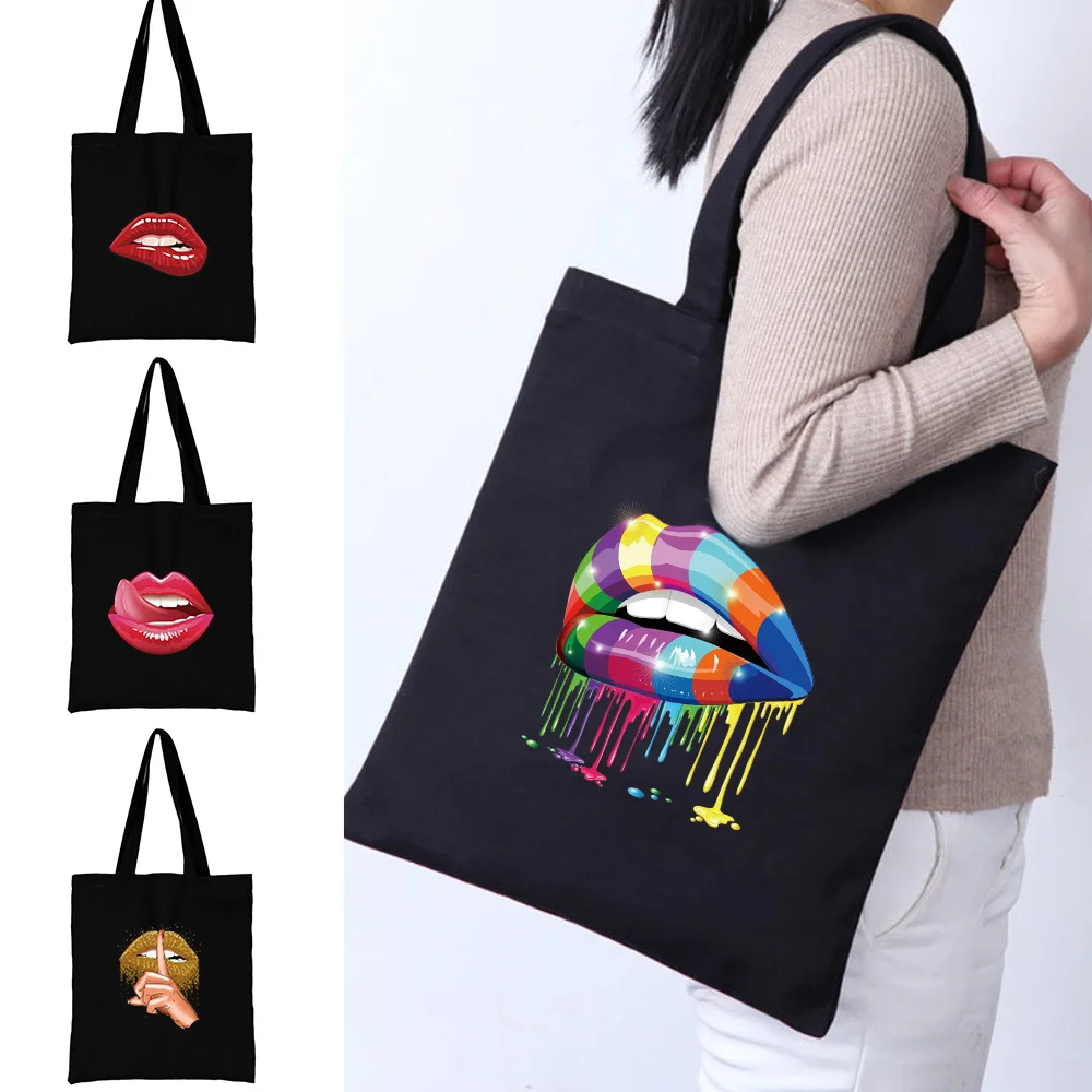 

Shopping Bag Women Canvas Shopper Shoulder Bag Eco Handbag 2022 Fashion Organizer Tote Bag Commute Grocery Bag Mouth Print