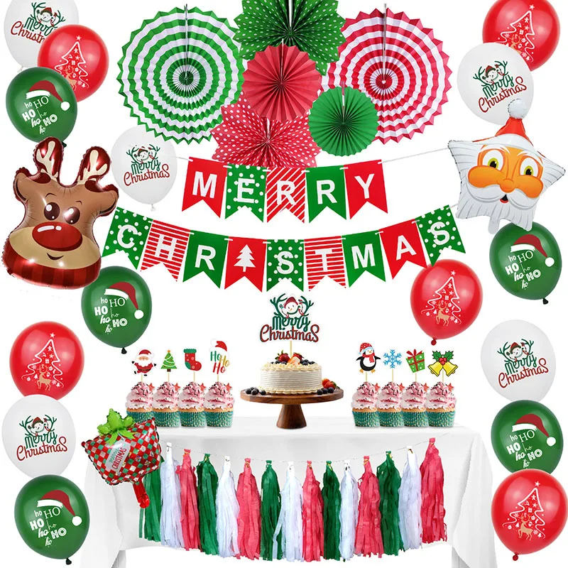 

2023 Christmas Balloon Package Flag Banner Insert Paper Fan Set Grinch Decorations New Year's Decor Xmas Room Home Ball Gifts