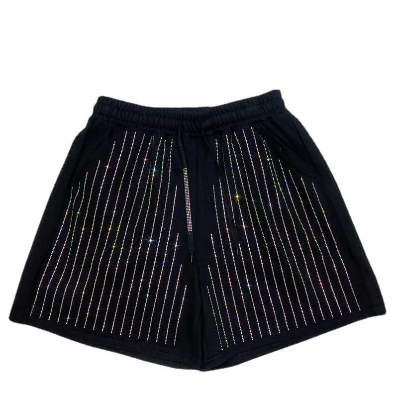 Vertical Striped Rhinestone Shorts Women's Fashionable Summer New Elastic Waist Casual Black Wide Leg Short Pants Hot Pants