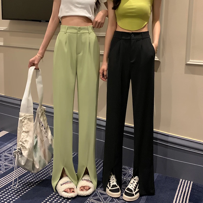 

Summer Suit Pants Office Lady Solid Korean Fashion Casual High Waist Straight Pant Women Slit Elastic Waist Casual Trousers