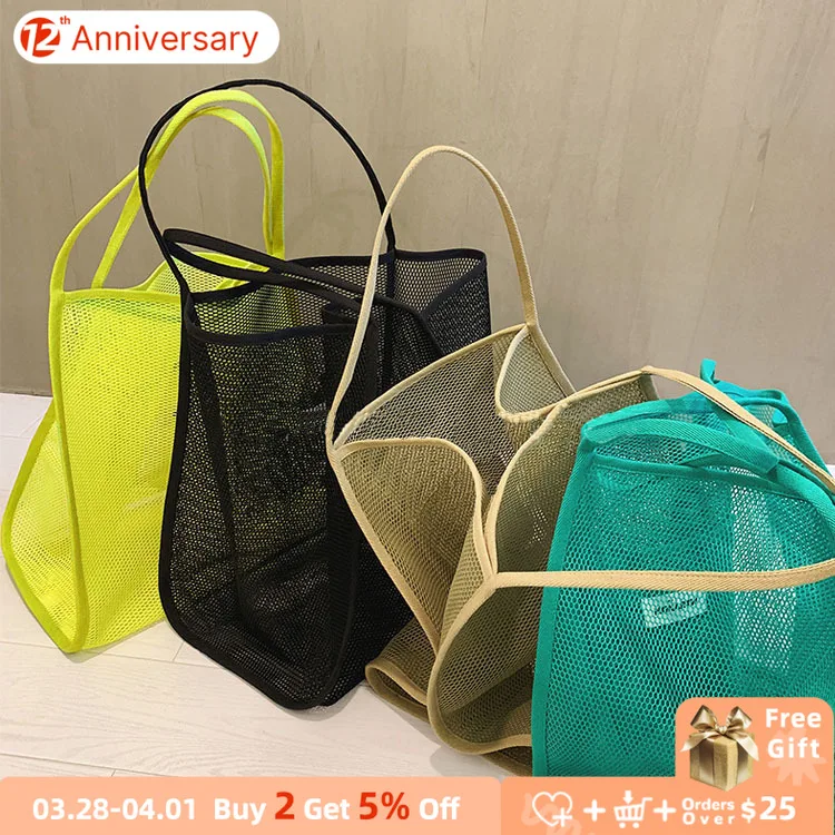 

Large Capacity Women Mesh Shoulder Bags Ladies Daily Reusable Shopping Bag Summer Fashion Female Girl Beach Handbags Casual Tote