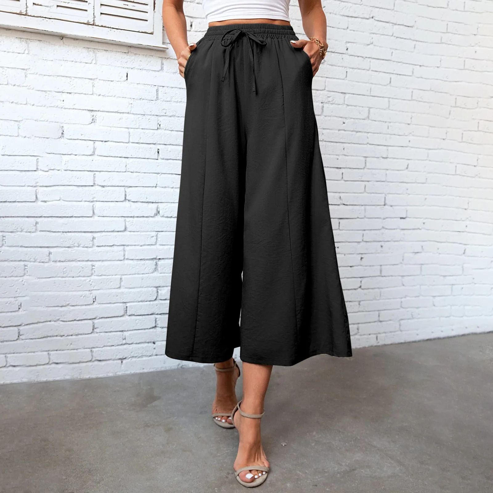

Loose Wide Legs Cropped Pants Streetwear Trousers Solid Color Pantalettes High Waist Elastic Women's Pants Lace Up Pantalones