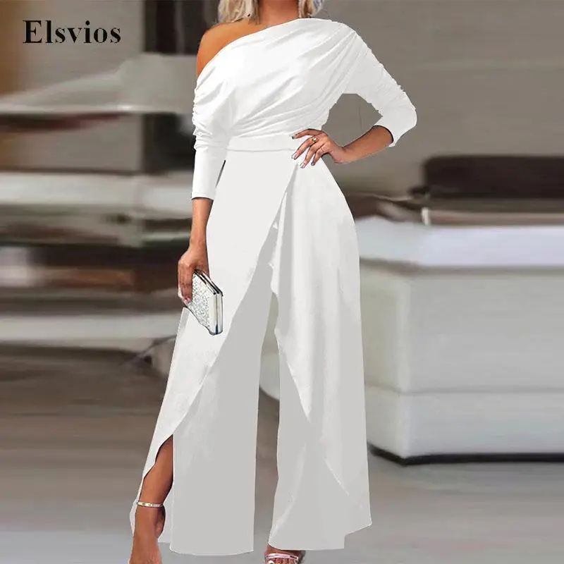 

Women Casual Cross Slit Wide Leg Playsuit Overalls Sexy Skew Collar Solid Party Jumpsuit Fashion Long Sleeve Office Lady Romper