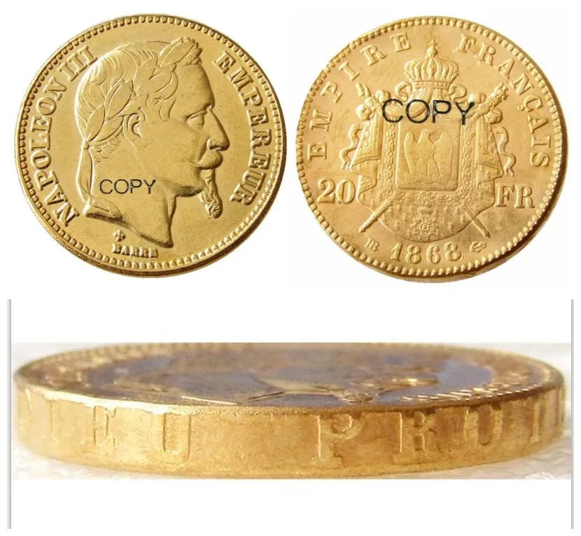 Франция, 20 Франция, 1868B, золотое покрытие Наполеона III, декоративная монета Франция, 20 Франция, 1868B, золотое покрытие Наполеона III, декоративная монета