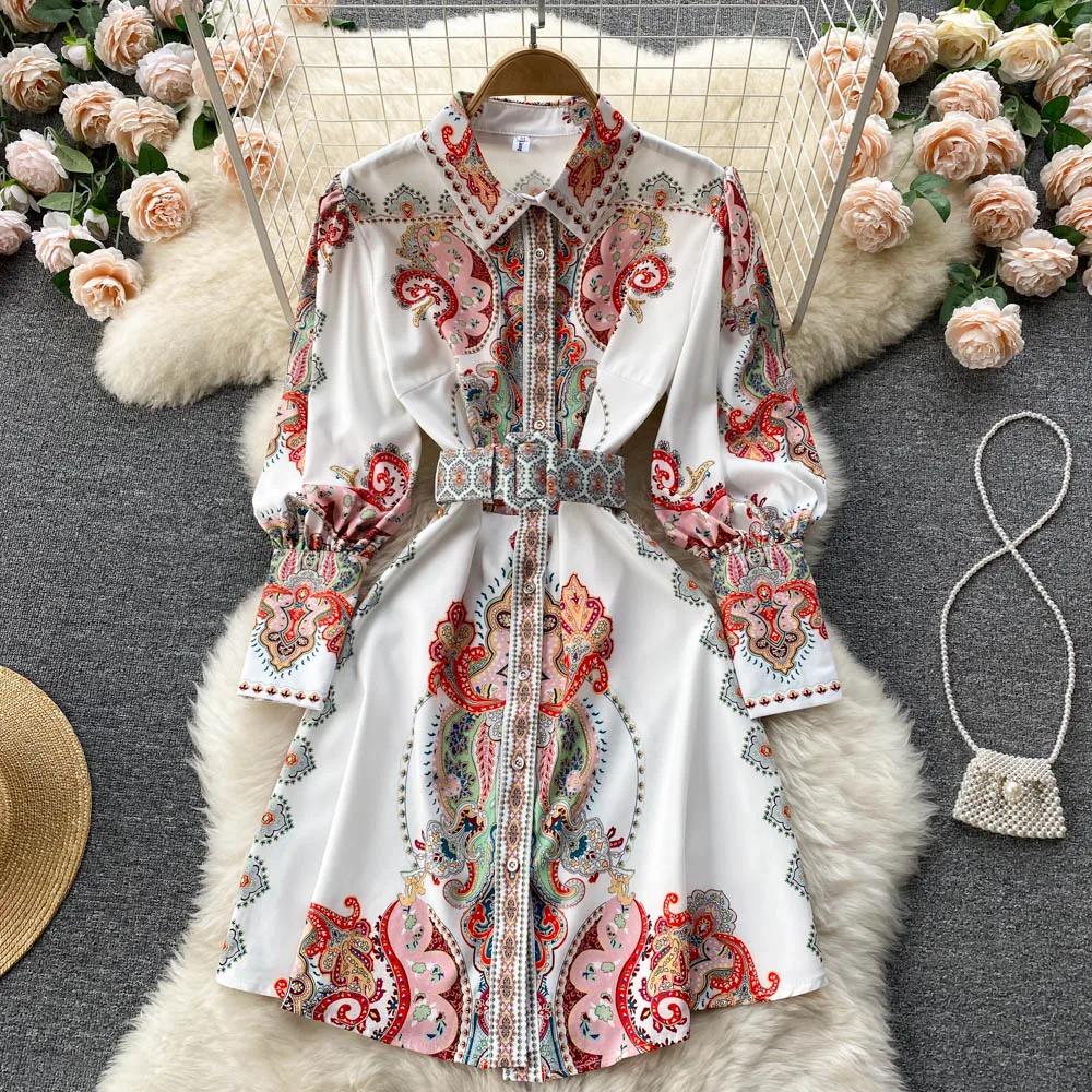 

VANOVICH 2022 Spring/autumn New Vintage Turn-down Collar Long Sleeve Print Dress Fashion Temperament Knee-Length Chiffon Dress