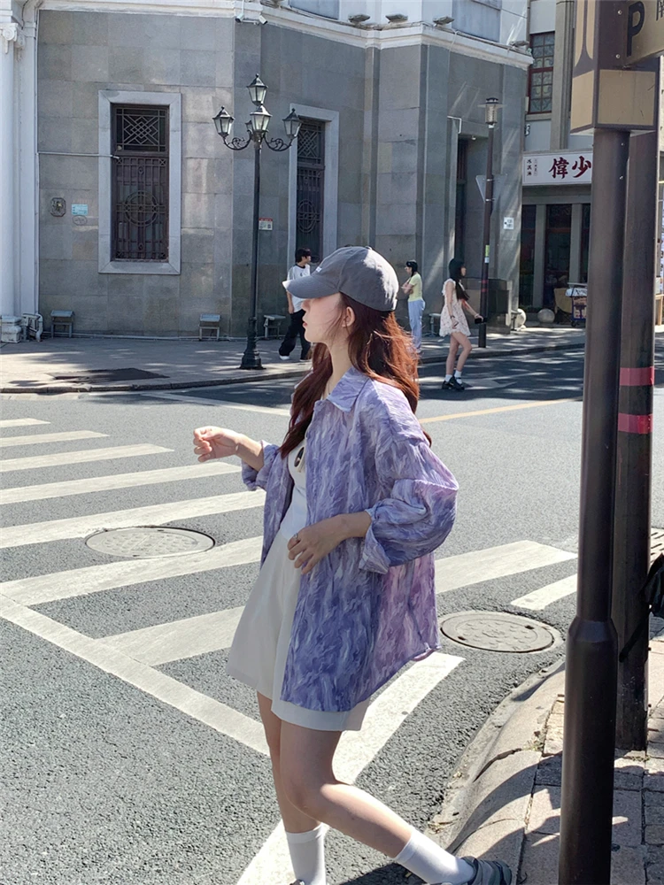 Fat Sister High Sense Purple Tie-dye Pleat Long sleeve Sun Protection Shirts Outerwear Women Spring and Autumn Clothing 2024 ...