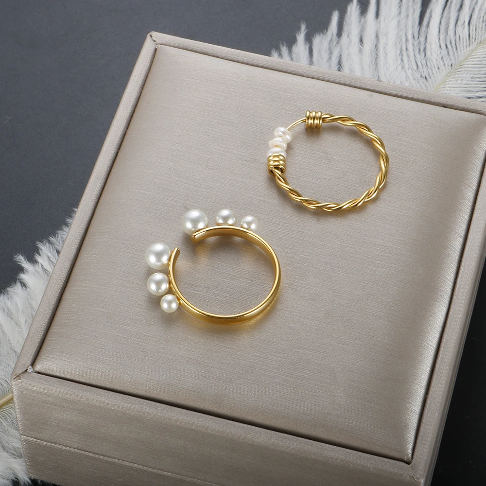 

New Designer Korean Fashion Jewelry Pearl Gold Plated Ring for Women Luxury Openings Wedding Ring Size Adjustable Wholesale