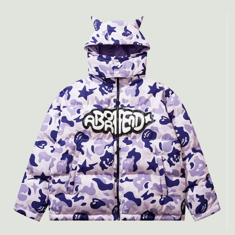 

Парка с капюшоном в стиле хип-хоп Мужская, уличная одежда в стиле Харадзюку, с принтом маленького дьявола, камуфляжные куртки с подкладкой и надписью, зимние теплые пальто унисекс